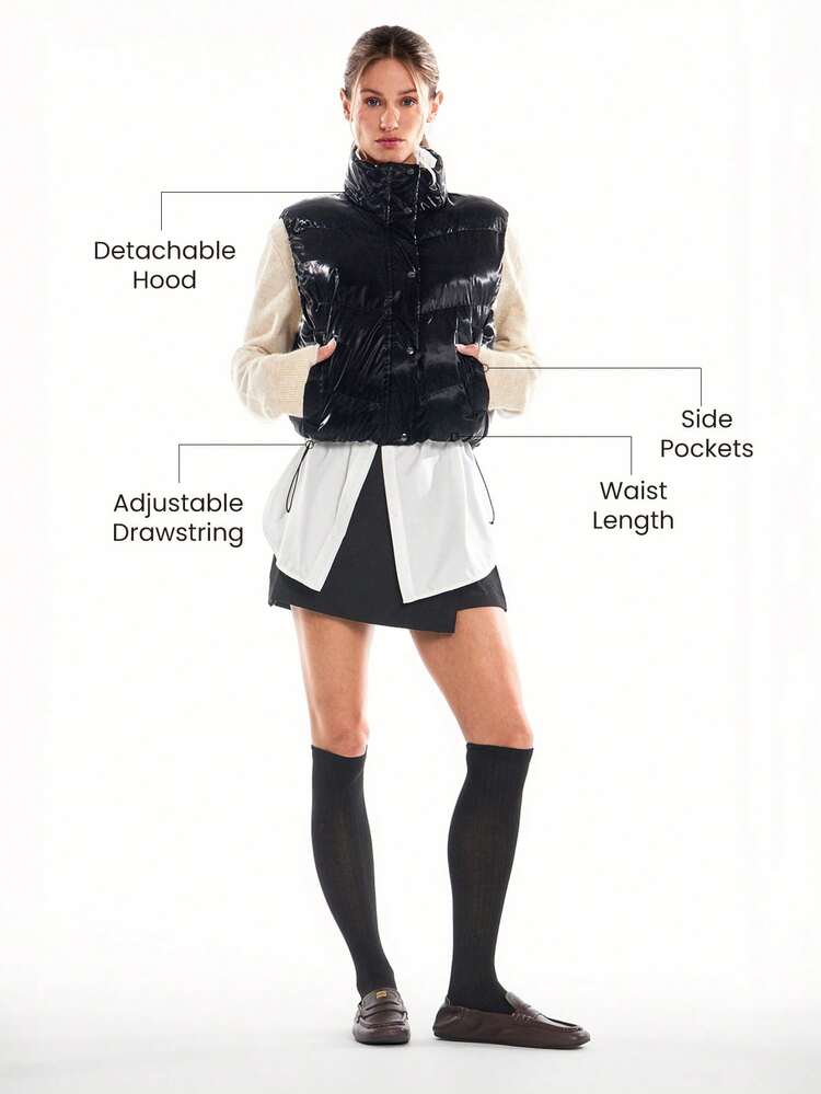 Chic In Warmth Cozy Up Glossy Zipper Snap Button Closure Elastic Cuffs Waist Length Detachable Hood Puffer Vest Autumn Winter Outdoors Daily Casual Wear