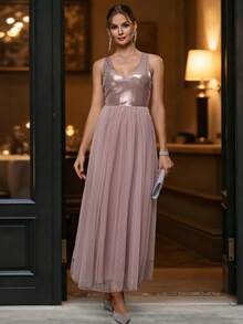 EMERY ROSE Váy lưới không tay cổ chữ V cho nữ - Hồng - Xem 1