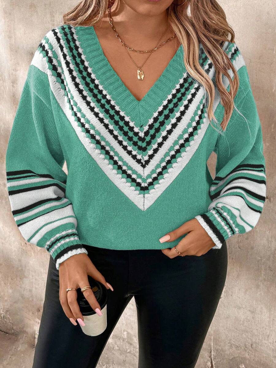 EMERY ROSE Christmas Plus Size Casual Colorblock Striped Sweater ...