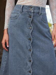 WESTFADE High Waist Scalloped Button Front Cotton Blend Denim A Line Midi Skirt Cute Fall, Casual, Autumn, Winter, Boho, Western Wear For Women, Country Concert - Medium Wash - View 5