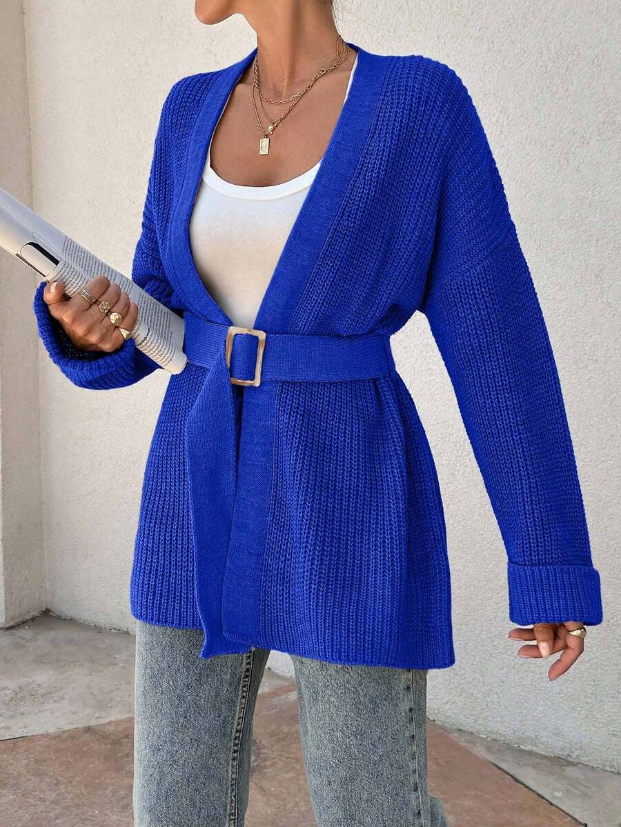 EURMUSE Women Oversize Asymmetric Shaped With Belt Detailed Rib Knitted Cardigan - Blue - View 1