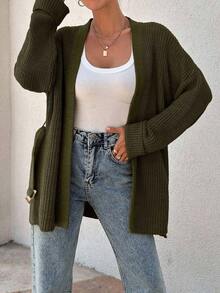 EURMUSE Women Oversize Asymmetric Shaped With Belt Detailed Rib Knitted Cardigan - Army Green - View 5
