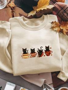 INAWLY Sudadera de cuello redondo para mujer con estampado de taza de café con gato y hoja de arce de Halloween - Beis - Ver 3