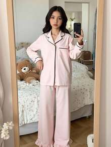 SHEIN 青少年女孩粉黑包邊睡衣套裝，秋季休閒單排扣長袖上衣與長褲，居家睡衣套裝，青少年服飾 - 淺粉色 - 查看 2