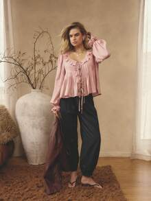 Aralina Women's Romantic Cute Pink Ruffle Tie Front Pin Tuck Pleated Long Sleeve Loose Fit Flowy Vacation Outfits Women Cute Top Elegant Blouse Top For Women New Years Top Party Top - Pink - View 7