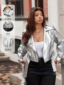 Vionelle Chaqueta corta de mujer de talla grande con acabado metálico de PU