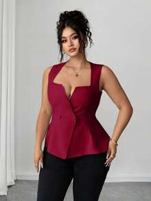 Elenzga 大码优雅纯色无袖V领衬衫 - 酒紅色 - 查看 5