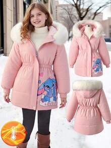 SHEIN Girls' Sweet Fur Collar Padded Coat, Waist Cinched Silhouette, Suitable For School, Casual Outings, Winter Coat - Pink - View 1