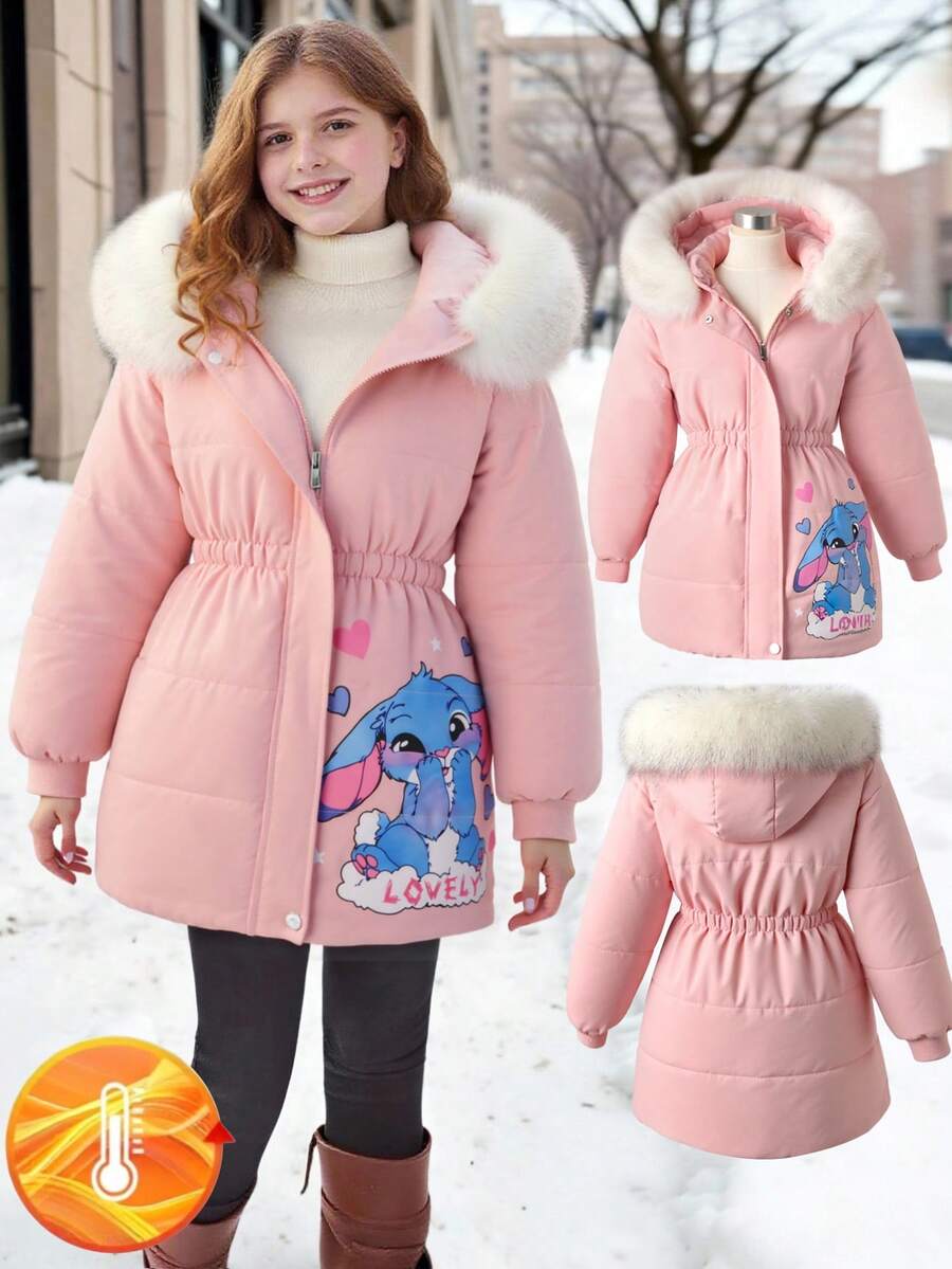 SHEIN Girls' Sweet Fur Collar Padded Coat, Waist Cinched Silhouette, Suitable For School, Casual Outings, Winter Coat - Pink - View 1