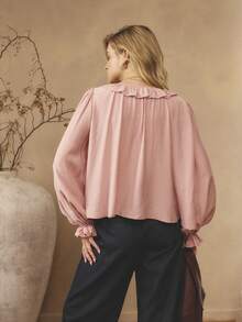 Aralina Women's Romantic Cute Pink Ruffle Tie Front Pin Tuck Pleated Long Sleeve Loose Fit Flowy Vacation Outfits Women Cute Top Elegant Blouse Top For Women New Years Top Party Top - Pink - View 2