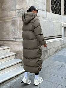 EURMUSE Contrast Zip And Puller Detailed, Keep Warming Feature Long Line Puffer Winter Coat - Khaki - View 2