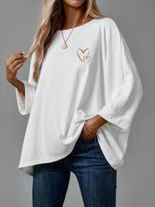 SHEIN LUNE Casual Minimalist Gold Foil Heart Graphic Basic T-Shirt For Women, Suitable For Autumn/Winter - Multicolor - View 4