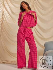 Aralina Sleepwear Christmas Thanksgiving Cosy 2pcs Plain Print Gingham Collared Tie Front Long Sleeve Button Down Shirt And Wide Leg Pant Sleep Pajama Set With Ruffle Detail, Cute Christmas Pajama Set Fall Winter Clothes Chic Bow Pajama Set Festival Outfits - Multicolor - View 1