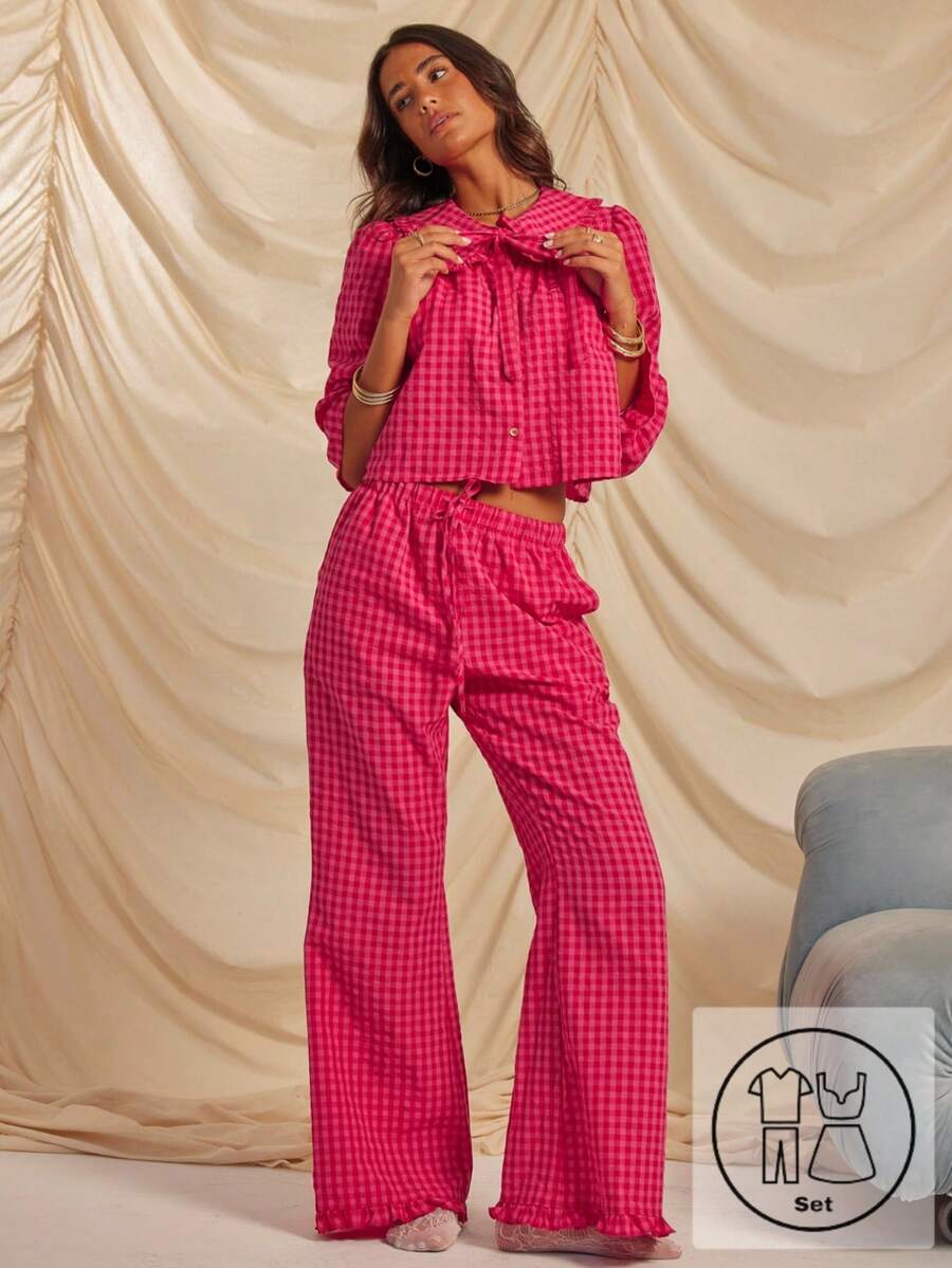 Aralina Sleepwear Christmas Thanksgiving Cosy 2pcs Plain Print Gingham Collared Tie Front Long Sleeve Button Down Shirt And Wide Leg Pant Sleep Pajama Set With Ruffle Detail, Cute Christmas Pajama Set Fall Winter Clothes Chic Bow Pajama Set Festival Outfits - Multicolor - View 1