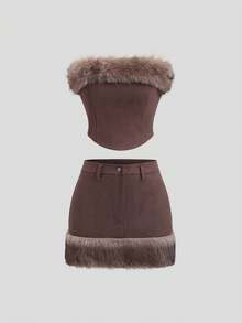 EgrlEra 女士时尚性感棕色绒面革抹胸上衣和人造毛皮饰边迷你裙两件套，适合派对和约会 - 棕色 - 查看 2