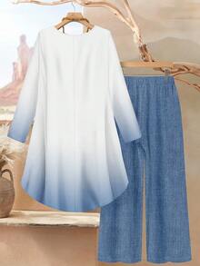 Rusticease 2 件套女士水彩花卉印花宽松圆领长袖上衣和裤子套装，夏季秋季