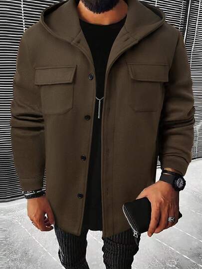 Manfinity Homme 男士休闲纯色连帽夹克，秋冬男士棕色连帽夹克，男士棕色休闲夹克，男士棕色连帽拉链夹克，男士橄榄绿夹克