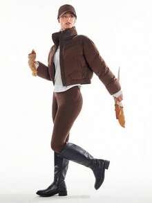 GLOWMODE Chic In Warmth Chill Crush Shiny Matte Finish Wind-Resistant Neckline Cuffs Zipper Pockets Cropped Puffer Jacket Autumn Winter Outdoors Snow Ski Daily Casual Wear - Chocolate Brown - View 7