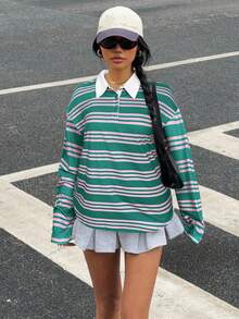Muchica Plus Size Striped Lapel Loose Sweatshirt In Fall/Winter - Green - View 5