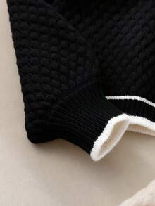 Tween Girl Handmade 3D Bow Long Sleeve Knitted Cardigan And Ruffle Hem Knitted Mini Skirt Set, Autumn/Winter Girls Sweater Sets Girl Black White Clothes Tween Matching Set Knit Girls Black And White Rib Skirt Girl Knit Set - Black - View 6