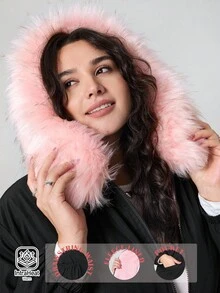 Solflare 2025 秋冬新款休闲户外、派对、约会、度假多场合百搭长款粉色人造毛皮衬里大毛领收腰连帽长款保暖大码棉服外套 - 彩色 - 查看 2