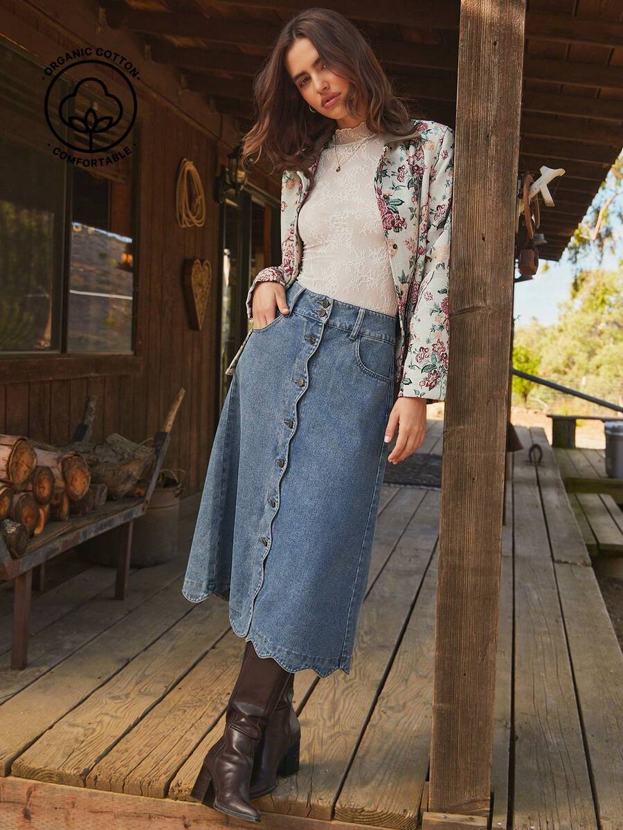 WESTFADE High Waist Scalloped Button Front Cotton Blend Denim A Line Midi Skirt Cute Fall, Casual, Autumn, Winter, Boho, Western Wear For Women, Country Concert - Medium Wash - View 1