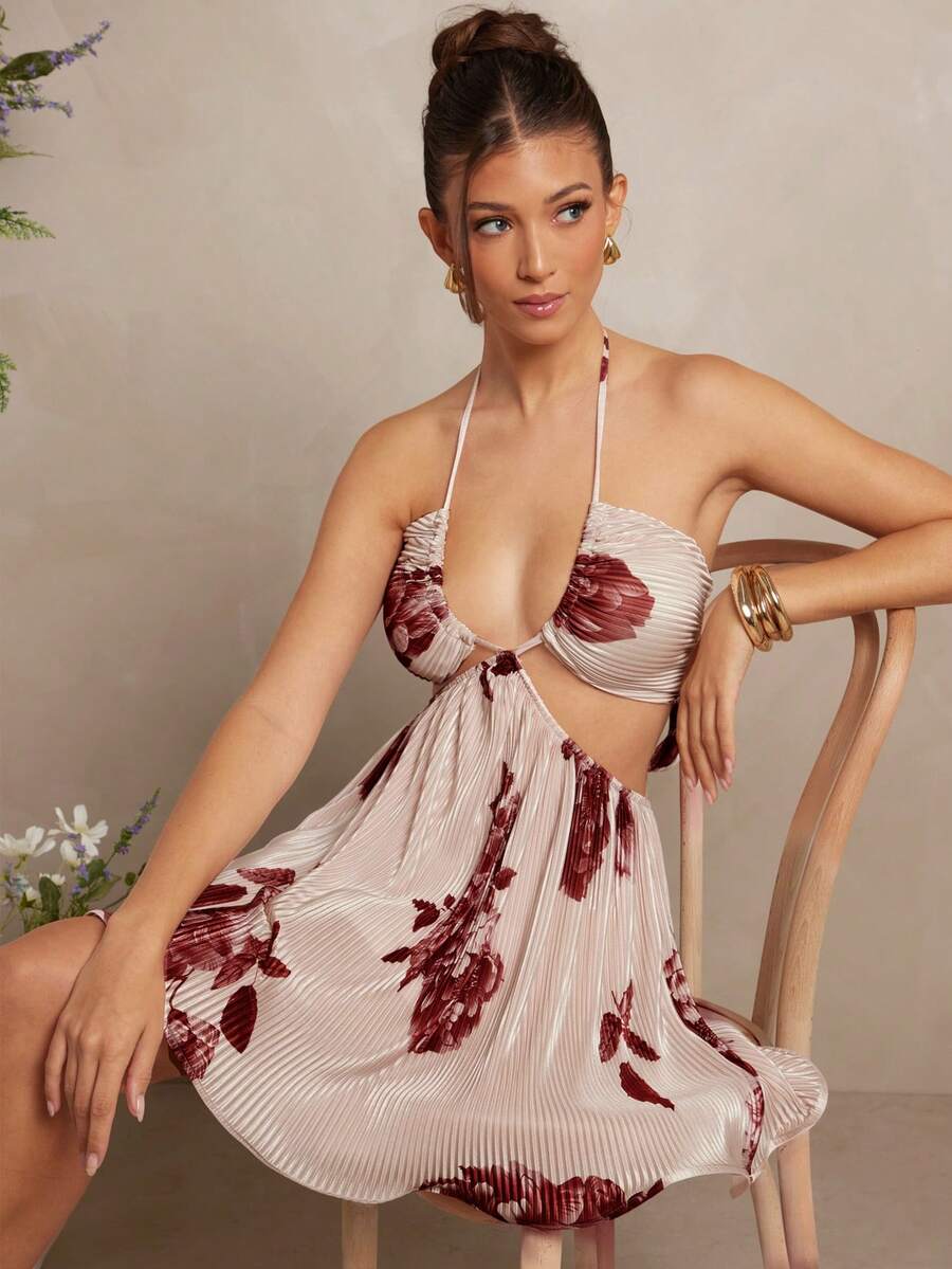 L'Amorae 女士优雅性感褶皱缎面露背交叉镂空飘逸花卉印花迷你夏季太阳裙，女士夏季服装，女士沙滩装，7 月 4 日服装 - 淺粉色 - 查看 1
