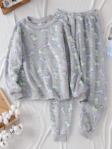 2pcs/Set Boys' Comfortable Soft Double-Sided Fleece Cartoon Dinosaur Pattern Crew Neck Long Sleeve Pajama Set, Light Gray Dinosaur Pajamas