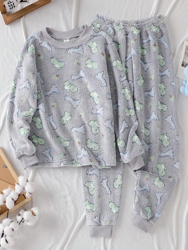 2pcs/Set Boys' Comfortable Soft Double-Sided Fleece Cartoon Dinosaur Pattern Crew Neck Long Sleeve Pajama Set, Light Gray Dinosaur Pajamas