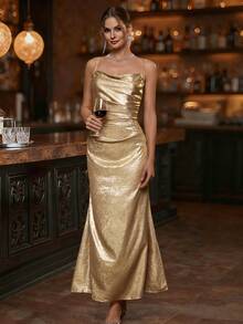 EMERY ROSE Metallisches Feeling, tief drapierter Ausschnitt, Trägerkleid, elegantes Kleid für Silvesterparty, langes Damen Outfit - Gold - Übersicht 3