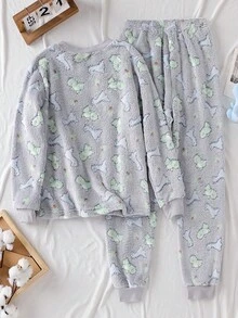 2pcs/Set Boys' Comfortable Soft Double-Sided Fleece Cartoon Dinosaur Pattern Crew Neck Long Sleeve Pajama Set, Light Gray Dinosaur Pajamas