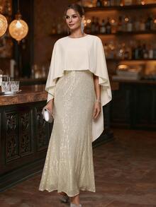 EMERY ROSE 优雅浪漫女士亮片拼接美人鱼下摆拼色连衣裙派对节日派对服装长款女士服装 - 杏色 - 查看 5