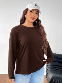 SHEIN EZwear Plus Size Loose Fit Drop Shoulder Crew Neck T-Shirt, Plus Size, Chocolate Brown/Winter