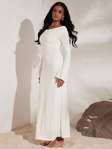 Opulessa Solid White Color V-Neck Long Sleeve Fitted Dress For Women, Vacation, Elegant Party Outfits, Luxury Evening Dresses For Weddings, Christmas , New Year, Thanksgiving Outfits, Winter Clothes, Rehearsal Dinner Dress White, Chic White Long Sleeve Dress