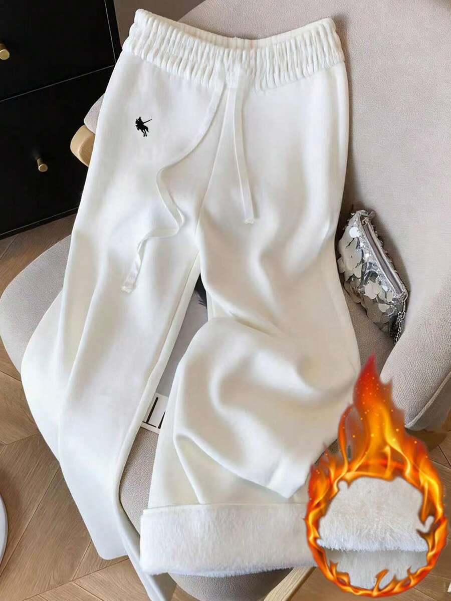 Resyla Casual Horse Embroidery Thermal Lined Elastic Waist Drawstring Loose Pants, Women, Autumn/Winter - White - View 1