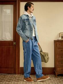 Manfinity Homme Quần jeans denim ống đứng màu xanh dương giặt thường ngày có túi hộp, mùa thu - Màu xanh lam - Xem 3