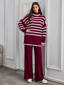 SHEIN Tall Bộ 2 món áo len cổ cao tay cánh dơi kẻ sọc và quần màu trơn cho nữ cao ráo - Nhiều màu - Xem 4