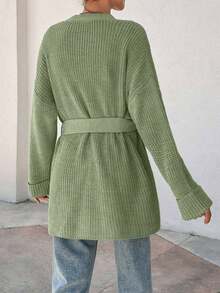 EURMUSE Women Oversize Asymmetric Shaped With Belt Detailed Rib Knitted Cardigan - Green - View 2