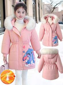 SHEIN Girls' Sweet Fur Collar Padded Coat, Waist Cinched Silhouette, Suitable For School, Casual Outings, Winter Coat - Pink - View 3