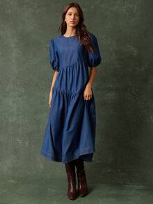 WESTFADE 泡泡袖不对称层叠牛仔中长连衣裙，适合女牛仔风格，可爱秋季波西米亚风装扮，乡村西部风情 - 中等水洗藍 - 查看 1