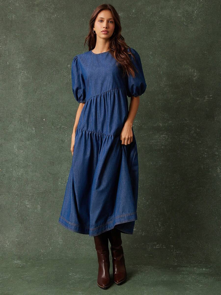 WESTFADE 泡泡袖不对称层叠牛仔中长连衣裙，适合女牛仔风格，可爱秋季波西米亚风装扮，乡村西部风情 - 中等水洗藍 - 查看 1