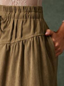 WESTFADE 高腰抽绳腰部纽扣前开超宽腿灯芯绒裤休闲可爱秋季波西米亚风乡村西部风服装 - 卡其色 - 查看 6