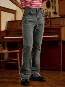 Manfinity Homme Quần jeans ống loe retro họa tiết móng ngựa màu xám đậm dành cho nam - Màu xám đen - Xem 6