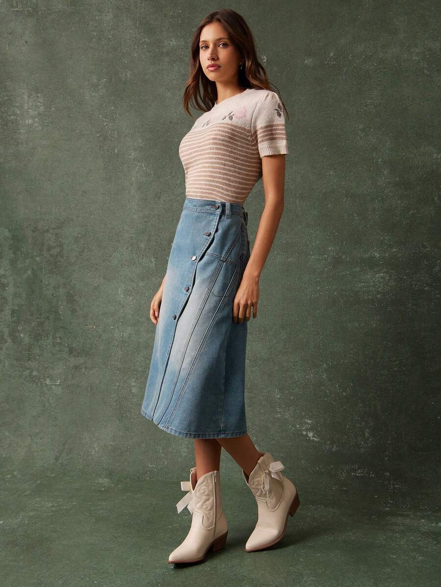 WESTFADE High Waist Wavy Button Front Cotton Blend Denim Wrap Midi Skirt Casual Cute Country Western Wear Fall Boho - Light Wash - View 1