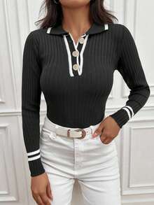 EURMUSE Striped Trim Polo Neck Ribbed Knit Sweater - Black - View 1