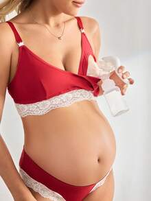 Moonlight&Mama 2pcs Christmas Color Block Lace Patchwork Push Up Nursing Maternity Bra - Burgundy - View 7