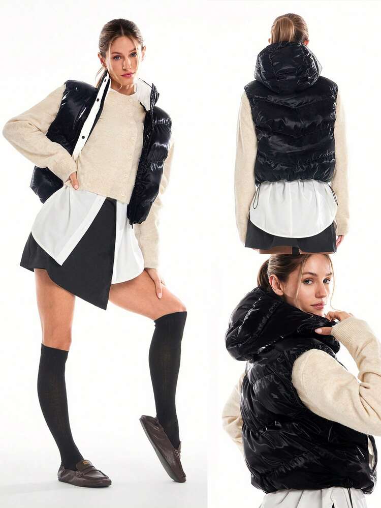 Chic In Warmth Cozy Up Glossy Zipper Snap Button Closure Elastic Cuffs Waist Length Detachable Hood Puffer Vest Autumn Winter Outdoors Daily Casual Wear