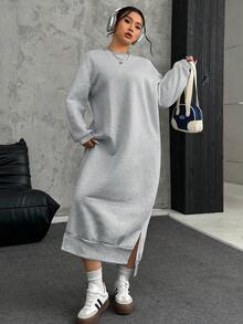 SHEIN EZwear 大码宽松休闲长款羊毛卫衣连衣裙，秋冬 - 灰色 - 查看 4