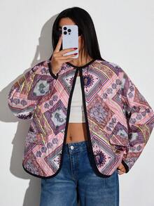 EURMUSE Frenchy Quilted Boho Printed Dual Pocket Stylish Winter Coat - Multicolor - View 4