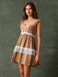 WESTFADE Vestido curto babydoll com decote em coração e patchwork de renda floral, estilo espartilho, amarração frontal, mangas esvoaçantes, lindo outono para mulheres, roupa para show country - Multicolorido - Ver 3